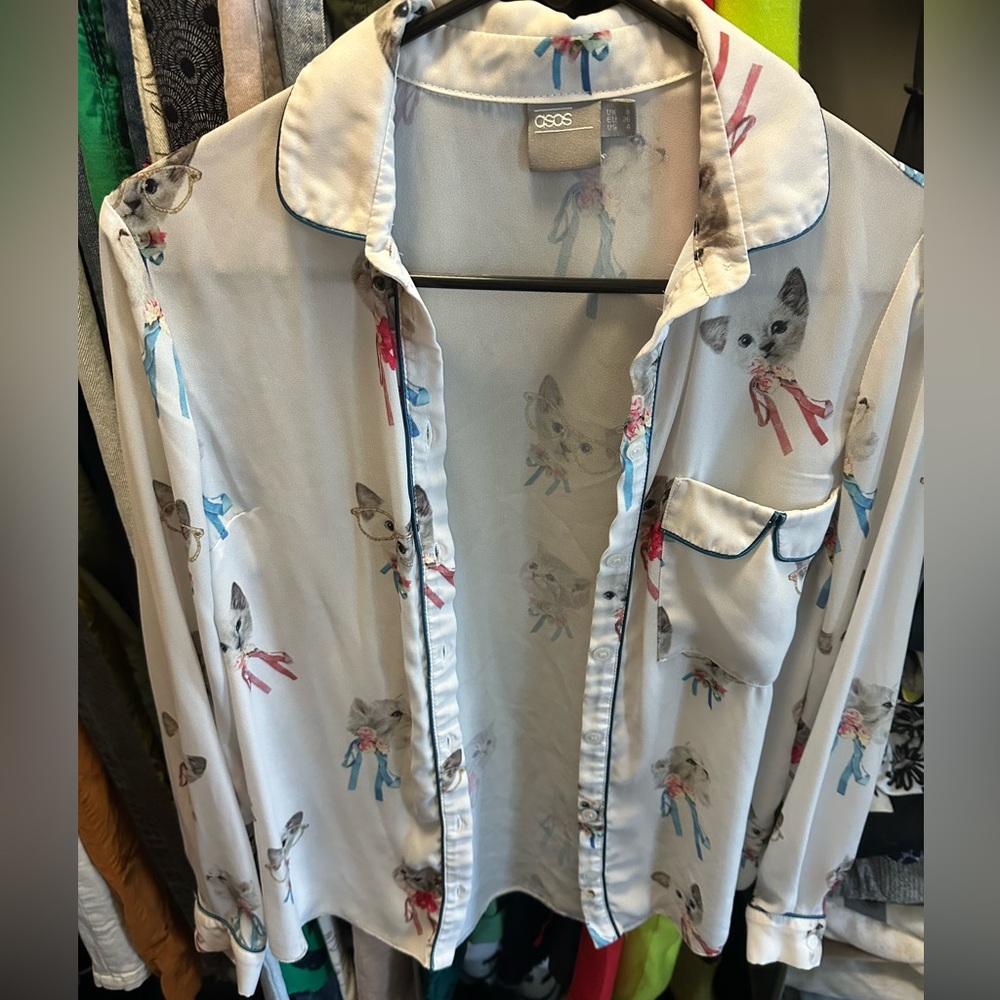 Asos white and cat print long sleeve top
